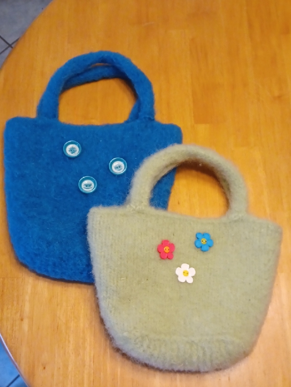 Pair of Handmade Fuzzy Felted Tote Bags Teal Blue & Light Green